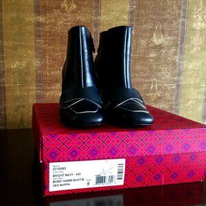 Tory Burch Bright Navy Leather Bond 4" Blocked Heel Bootie Size 9
